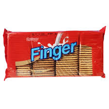 Red package of Finger biscuits with stacked wafer cookies visible through a clear window.