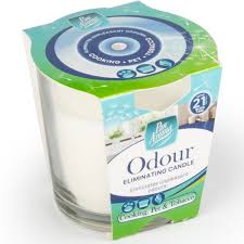 Glass jar candle with green and blue packaging; label reads 'Odour Eliminating Candle' (odor-control candle).