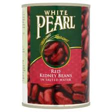 Can of White Pearl Red Kidney Beans in Salted Water with a green label on the can's front.