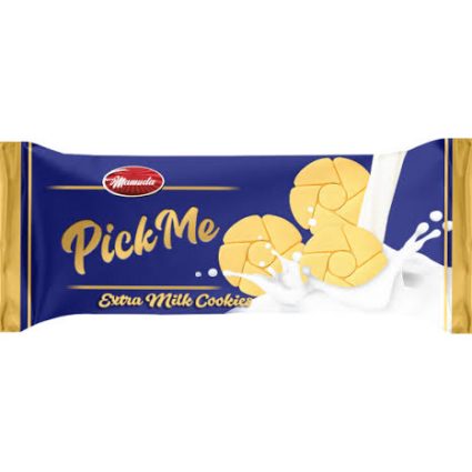 Blue and gold package for Pick Me Extra Milk Cookies, showing cookies being poured with milk splash on the right side