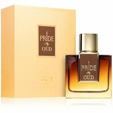 Pride Oud perfume bottle with amber gradient liquid beside a pale yellow box labeled Pride Oud.
