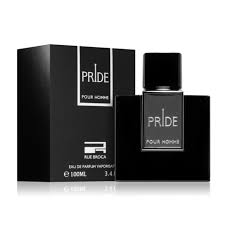 Black, masculine perfume box and bottle labeled 'Pride Pour Homme' (men's eau de parfum).