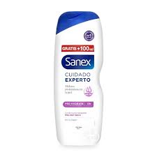 White Sanex Cuidado Experto personal care bottle with blue cap against a white background, purple accent on the label