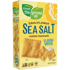 Box of From the Ground Up Cauliflower Sea Salt Veggie Crackers, with crackers pictured on the front.