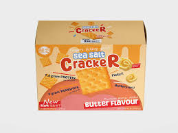 Orange snack package labeled Sea Salt Crackers, Butter Flavour, by CrackER.