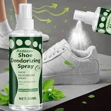 Bottle of shoe deodorizing spray aimed at a pair of white sneakers in the background.