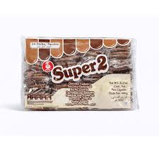 Pack of Super 2 wafer biscuits in a plastic wrapper on a white background, showing the brand name and chocolate layers visually through the packaging.