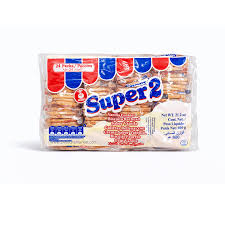 Clear plastic bag of sliced sandwich bread with red, white, and blue branding reading 'Super-2' on a white background.