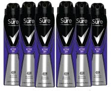 Row of black and purple Sure deodorant spray cans with Active Shield branding, arranged in a line.