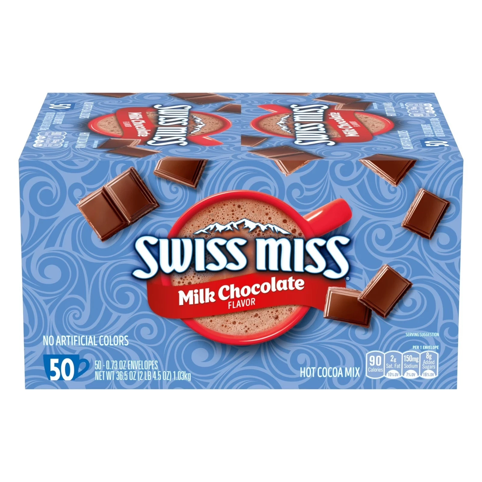 swiss miss milk chocolate hot C - Imavug Swiss Miss Milk Chocolate hot cocoa mix box with blue swirly design and scattered chocolate pieces