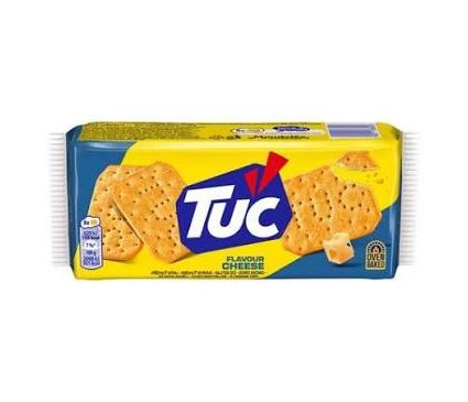 TUC cheese crackers pack on a white background, blue and yellow wrapper with crackers visible.